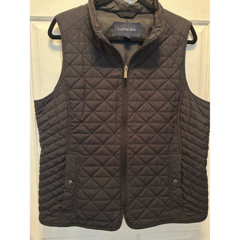 Lands' End Quilted Vest in Classic Blac Front Pockets Size Large (14-16)